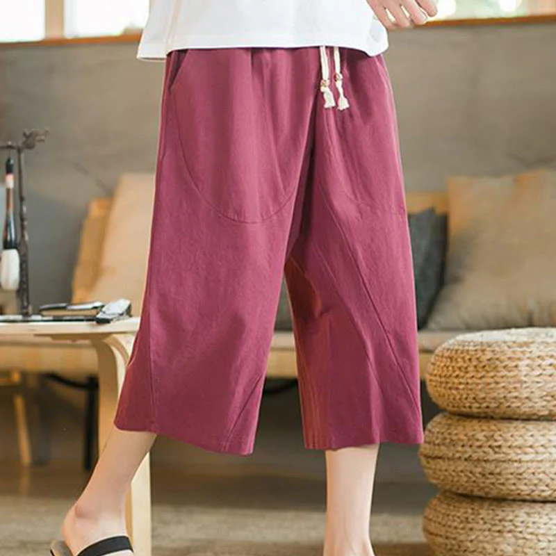 Pantaloni larghi da uomo in lino di media lunghezza con tasche e tinta unita Buddha Stones - Image 17