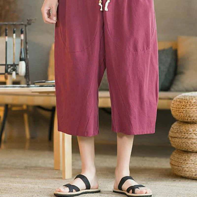 Pantaloni larghi da uomo in lino di media lunghezza con tasche e tinta unita Buddha Stones - Image 21
