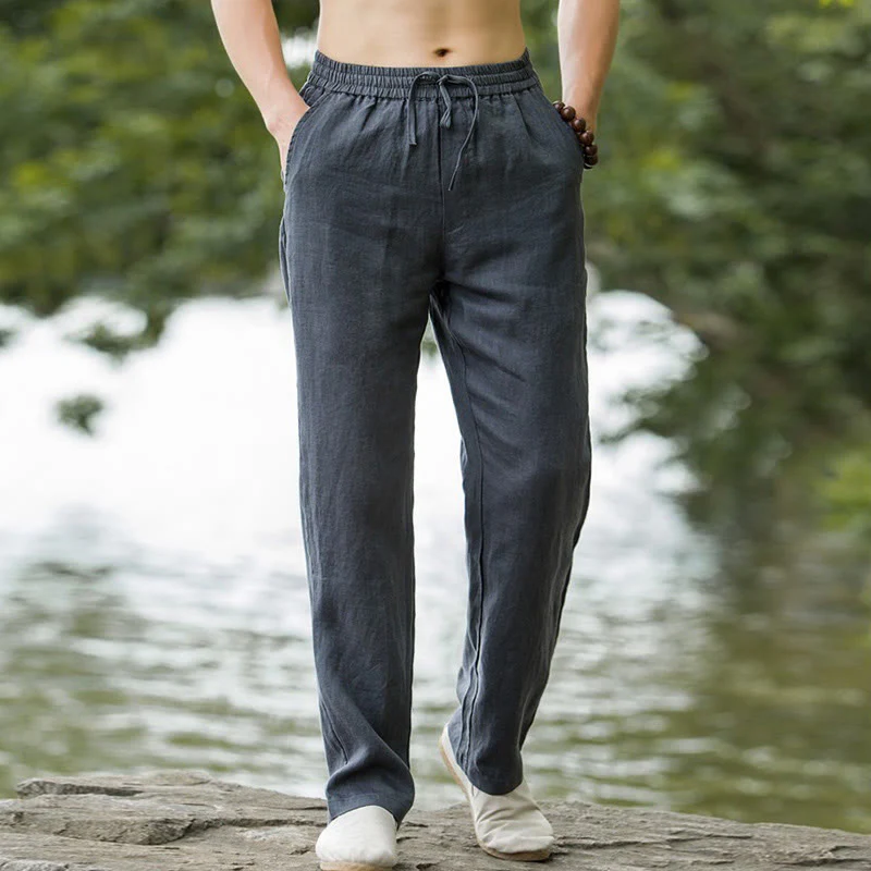 Pantaloni larghi da uomo in cotone tinta unita Buddha Stones con tasche - Image 11