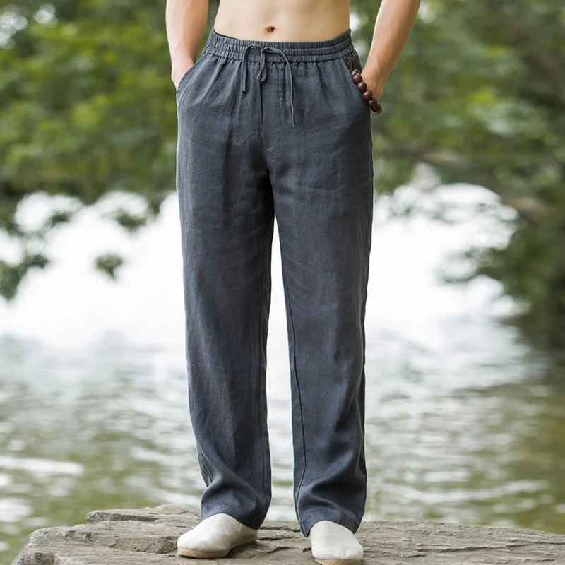 Pantaloni larghi da uomo in cotone tinta unita Buddha Stones con tasche - Image 14