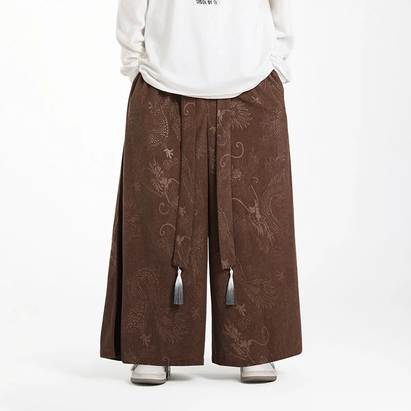 Pantaloni larghi da uomo in velluto a coste con coulisse, motivo Buddha Stones Dragon Jacquard e tasche