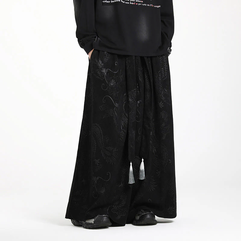 Pantaloni larghi da uomo in velluto a coste con coulisse, motivo Buddha Stones Dragon Jacquard e tasche - Image 10