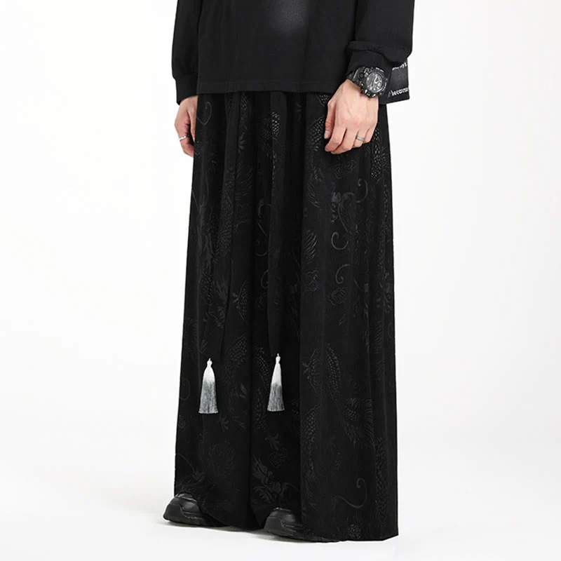 Pantaloni larghi da uomo in velluto a coste con coulisse, motivo Buddha Stones Dragon Jacquard e tasche - Image 11
