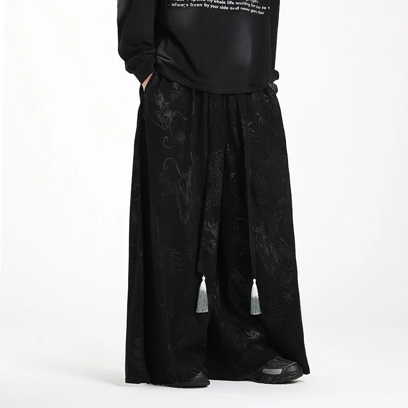 Pantaloni larghi da uomo in velluto a coste con coulisse, motivo Buddha Stones Dragon Jacquard e tasche - Image 14