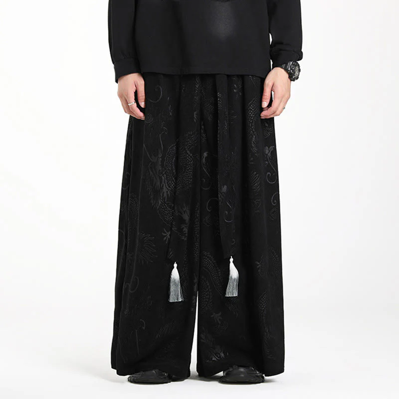 Pantaloni larghi da uomo in velluto a coste con coulisse, motivo Buddha Stones Dragon Jacquard e tasche - Image 17