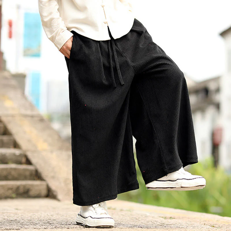 Pantaloni larghi da uomo in velluto a coste con tasche e coulisse, modello Buddha Stones Fall, tinta unita - Image 13