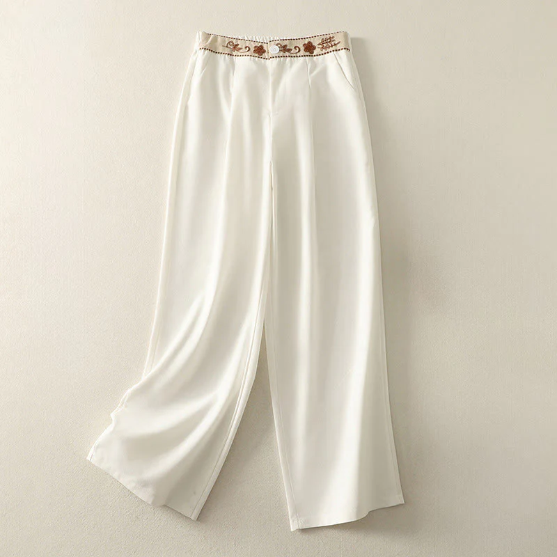Pantaloni larghi in cotone con tasche e elastico in vita con ricamo Buddha Stones da donna - Image 2