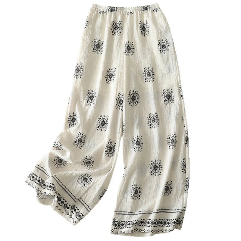 Pantaloni larghi in cotone da donna con tasche, stampa bohémien con motivo celeste Buddha Stones - Image 14