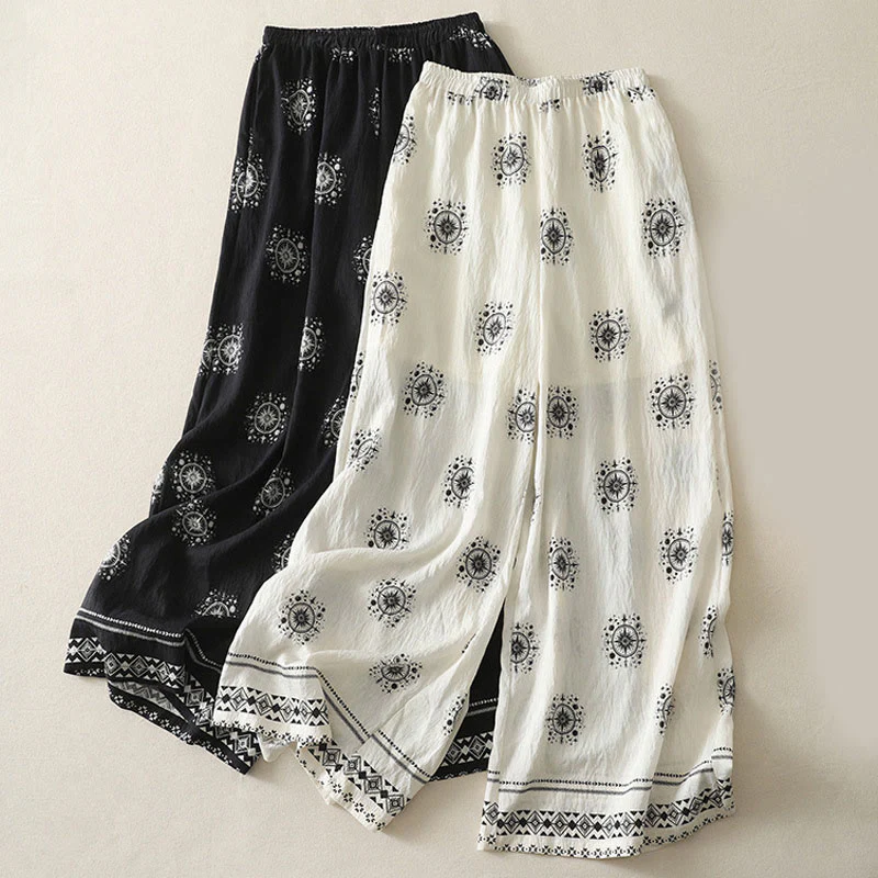 Pantaloni larghi in cotone da donna con tasche, stampa bohémien con motivo celeste Buddha Stones - Image 15