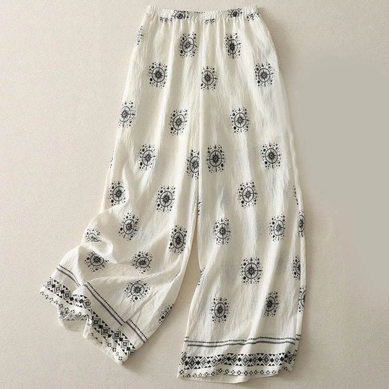 Pantaloni larghi in cotone da donna con tasche, stampa bohémien con motivo celeste Buddha Stones - Image 5