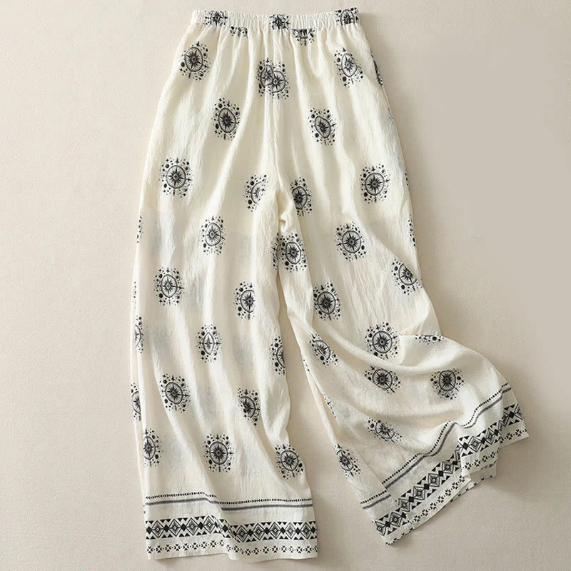 Pantaloni larghi in cotone da donna con tasche, stampa bohémien con motivo celeste Buddha Stones - Image 6
