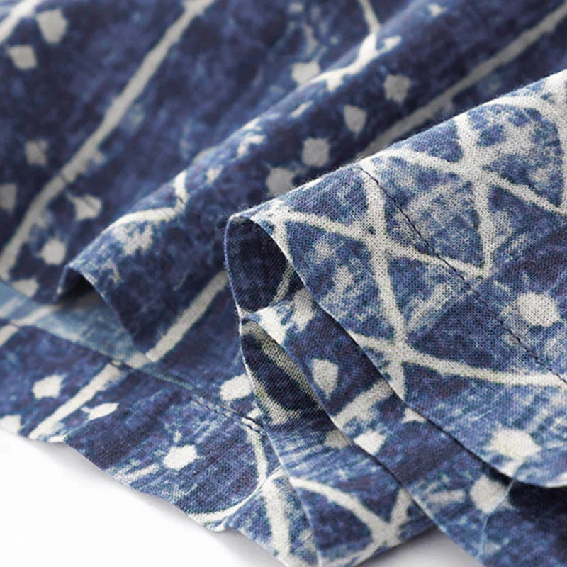 Pantaloni larghi in cotone e lino con stampa a righe blu Buddha Stones e tasche - Image 10