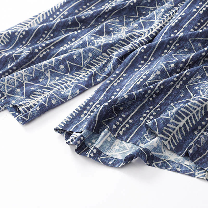 Pantaloni larghi in cotone e lino con stampa a righe blu Buddha Stones e tasche - Image 11