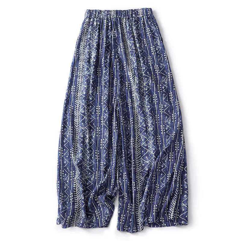Pantaloni larghi in cotone e lino con stampa a righe blu Buddha Stones e tasche - Image 12