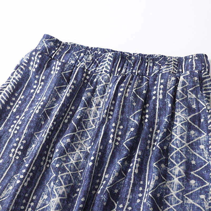 Pantaloni larghi in cotone e lino con stampa a righe blu Buddha Stones e tasche - Image 4