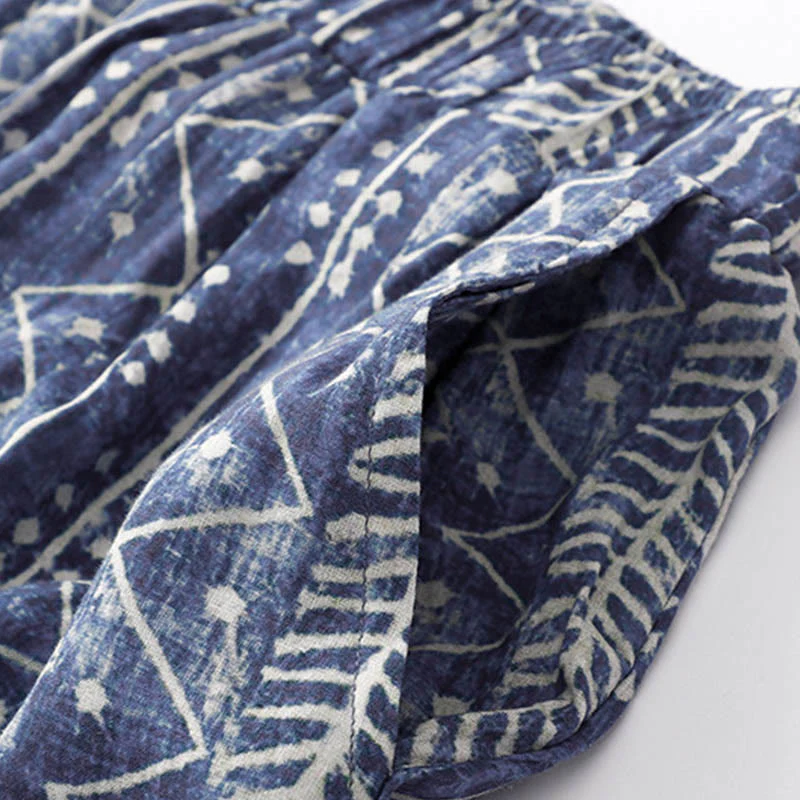 Pantaloni larghi in cotone e lino con stampa a righe blu Buddha Stones e tasche - Image 6