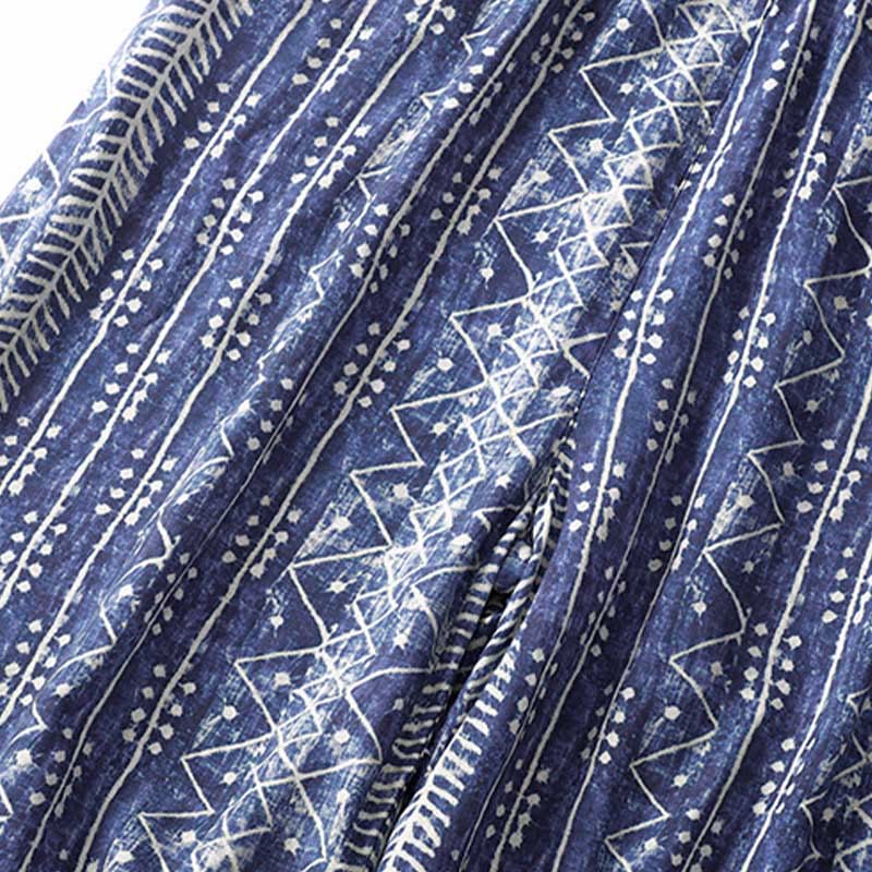 Pantaloni larghi in cotone e lino con stampa a righe blu Buddha Stones e tasche - Image 7