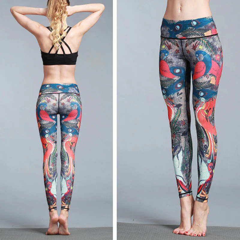 Pantaloni sportivi da yoga con stampa di piume di pavone rosso e blu , Buddha Stones, pantaloni da yoga da donna - Image 5