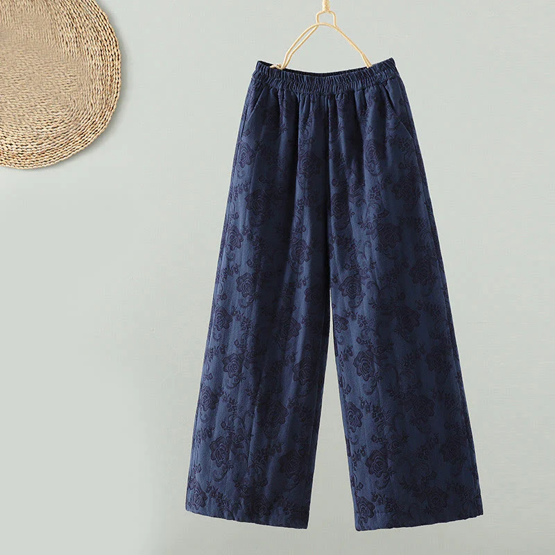 Pantaloni termici alla caviglia con tasche e gamba larga, imbottiti in cotone jacquard Buddha Stones da donna