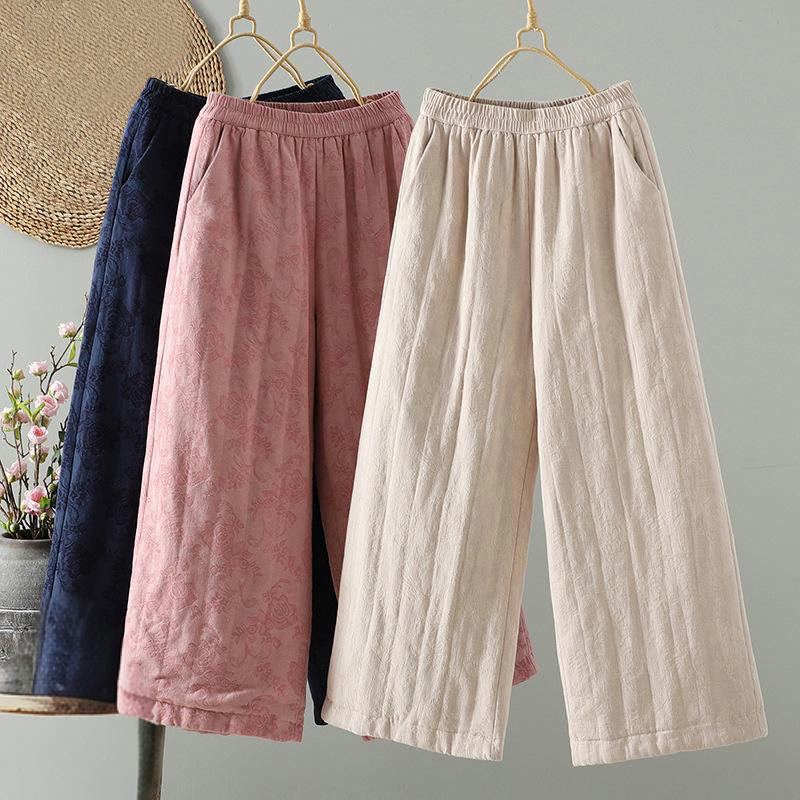 Pantaloni termici alla caviglia con tasche e gamba larga, imbottiti in cotone jacquard Buddha Stones da donna - Image 21