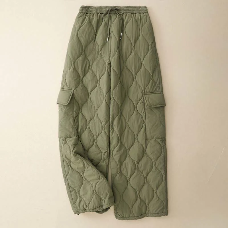 Pantaloni termici da donna in cotone con coulisse e elastico in vita, con tasche, Buddha Stones Winter Curved Lines