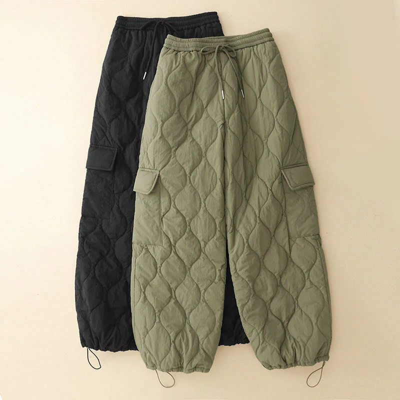 Pantaloni termici da donna in cotone con coulisse e elastico in vita, con tasche, Buddha Stones Winter Curved Lines - Image 2
