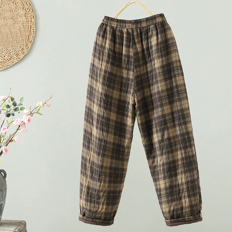 Pantaloni termici harem da donna con tasche e imbottitura in cotone con motivo a quadri multicolore Buddha Stones - Image 2