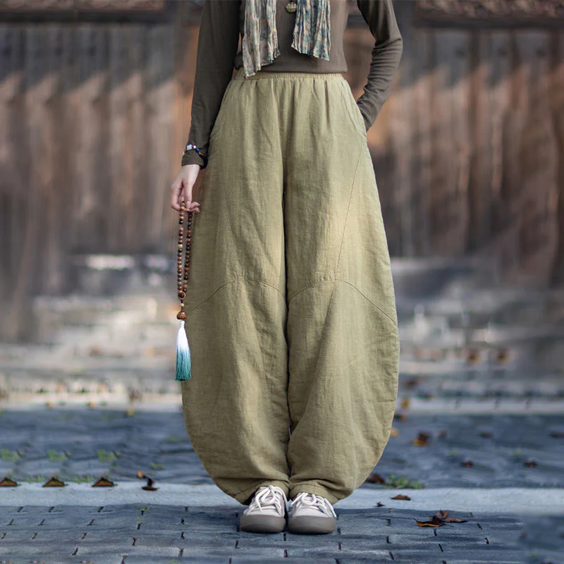 Pantaloni termici invernali da donna in cotone ramiè con elastico in vita Buddha Stones e tasche