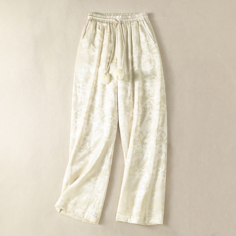 Pantaloni termici spessi a gamba larga da donna con tasche e design a vita alta in jacquard con Buddha Stones