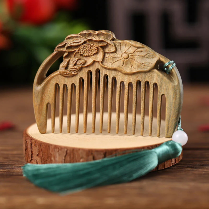Pettine con nappa di cura inciso a forma di fiore di peonia volpe sandalo verde - Image 11