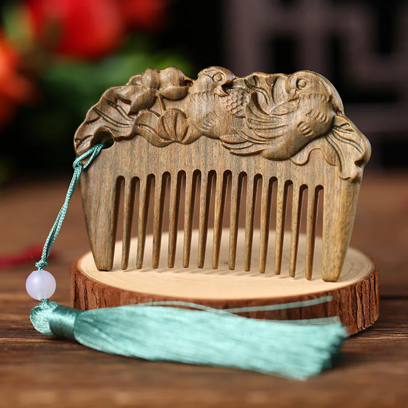 Pettine con nappa di cura inciso a forma di fiore di peonia volpe sandalo verde - Image 19
