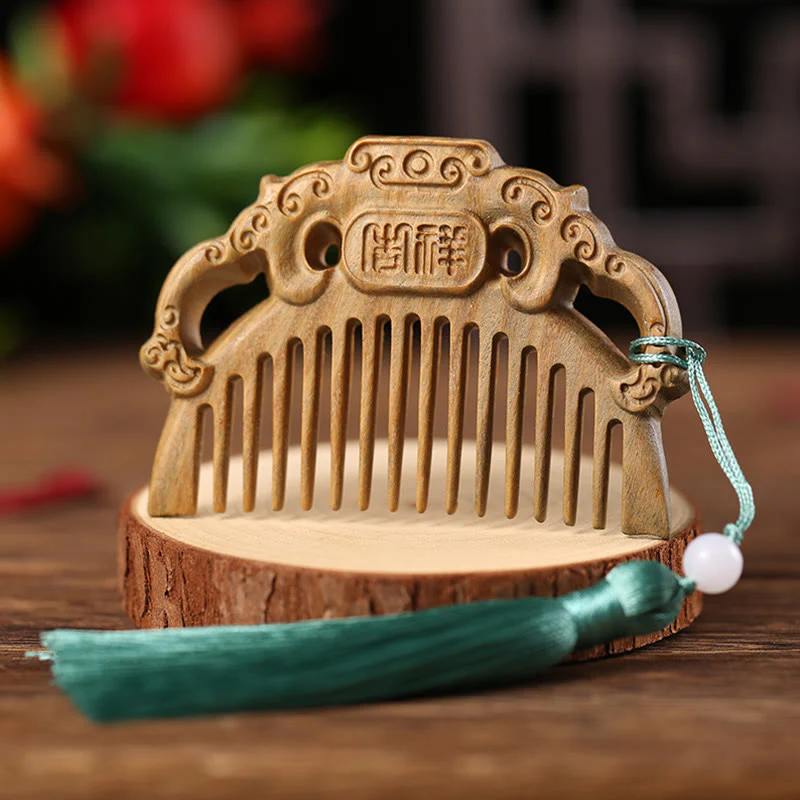 Pettine con nappa di cura inciso a forma di fiore di peonia volpe sandalo verde - Image 6