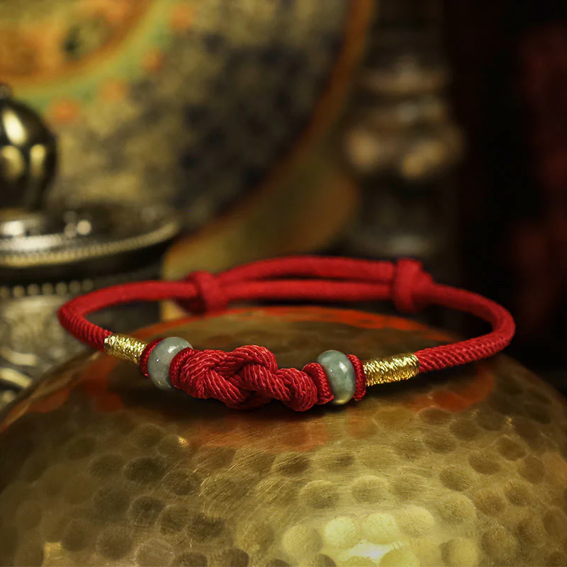 Porta buona fortuna braccialetto di coppia intrecciato con nodo di giada rossa - Image 6
