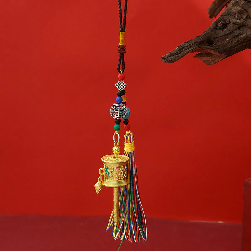 Portachiavi con ruota di preghiera Buddha Stones Om Mani Padme Hum e nappe colorate Purezza - Image 3