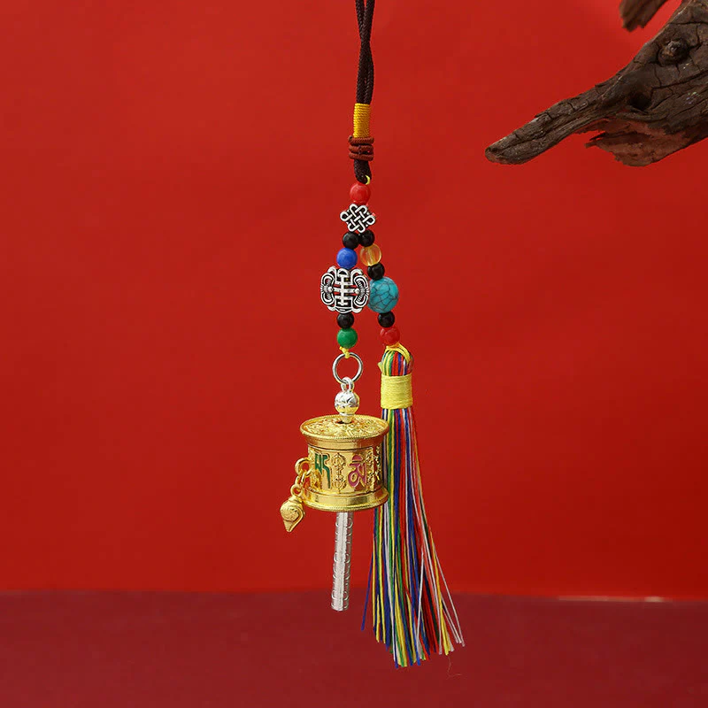 Portachiavi con ruota di preghiera Buddha Stones Om Mani Padme Hum e nappe colorate Purezza - Image 9