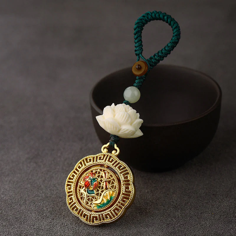 Portachiavi girevole in rame con perline di giada Hetian, seme di Bodhi, Buddha Stones loto, pace - Image 2