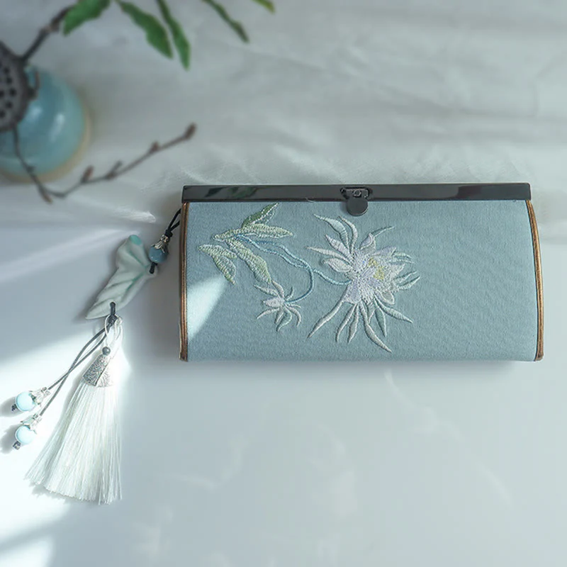 Portafoglio portasoldi grande capacità con ricamo a doppia faccia, Buddha Stones, fiori di prugna, fiori di pesco, bambù, borsa per la spesa - Image 5