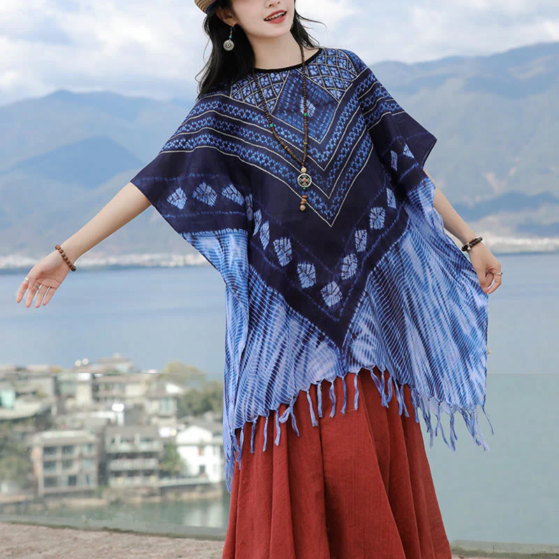 Scialle batik a strisce triangolari blu Buddha Stones , morbido pullover 90*95cm - Image 6