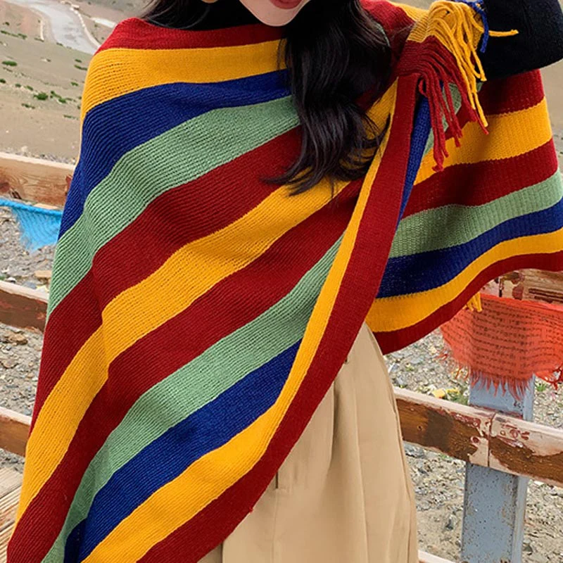 Scialle con nappe, pullover invernale, sciarpa da viaggio avvolgente, motivo a strisce colorate tibetane , Buddha Stones - Image 2