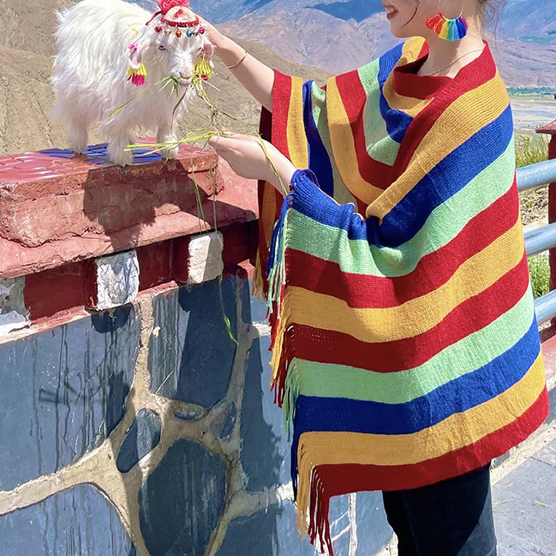 Scialle con nappe, pullover invernale, sciarpa da viaggio avvolgente, motivo a strisce colorate tibetane , Buddha Stones - Image 5