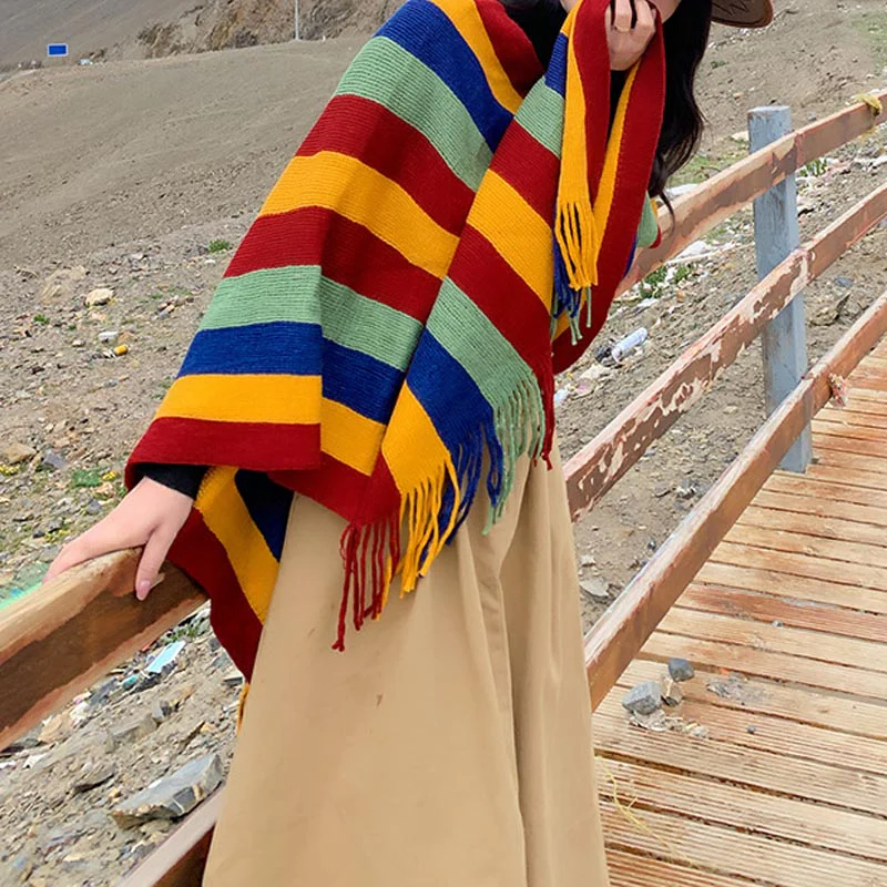 Scialle con nappe, pullover invernale, sciarpa da viaggio avvolgente, motivo a strisce colorate tibetane , Buddha Stones - Image 7