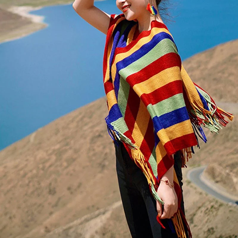 Scialle con nappe, pullover invernale, sciarpa da viaggio avvolgente, motivo a strisce colorate tibetane , Buddha Stones - Image 9