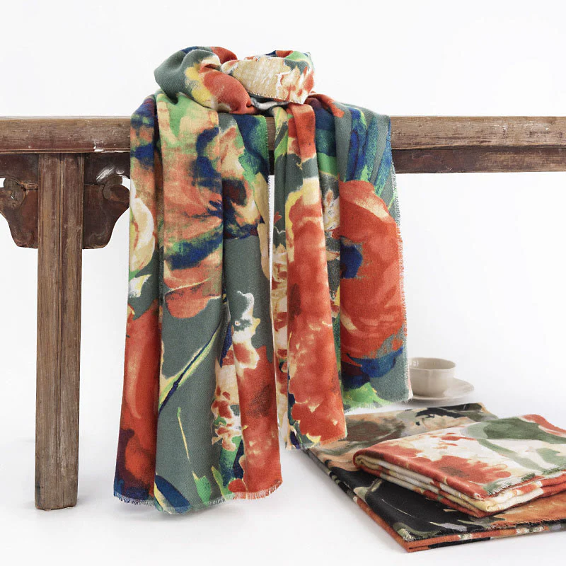 Scialle con stampa floreale, stile cinese retrò, con pittura a inchiostro, stile Buddha Stones , autunno inverno, caldo e accogliente