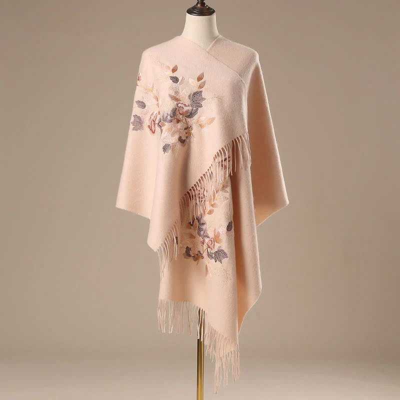 Scialle di lana con Buddha Stones, fiori bianchi e rosa, foglie dorate, ricamo con nappa, sciarpa da viaggio invernale e accogliente