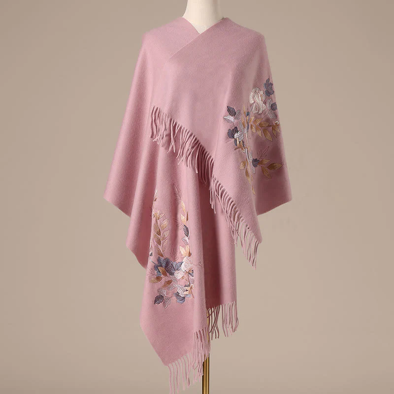 Scialle di lana con Buddha Stones, fiori bianchi e rosa, foglie dorate, ricamo con nappa, sciarpa da viaggio invernale e accogliente - Image 10