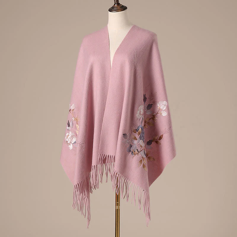 Scialle di lana con Buddha Stones, fiori bianchi e rosa, foglie dorate, ricamo con nappa, sciarpa da viaggio invernale e accogliente - Image 11