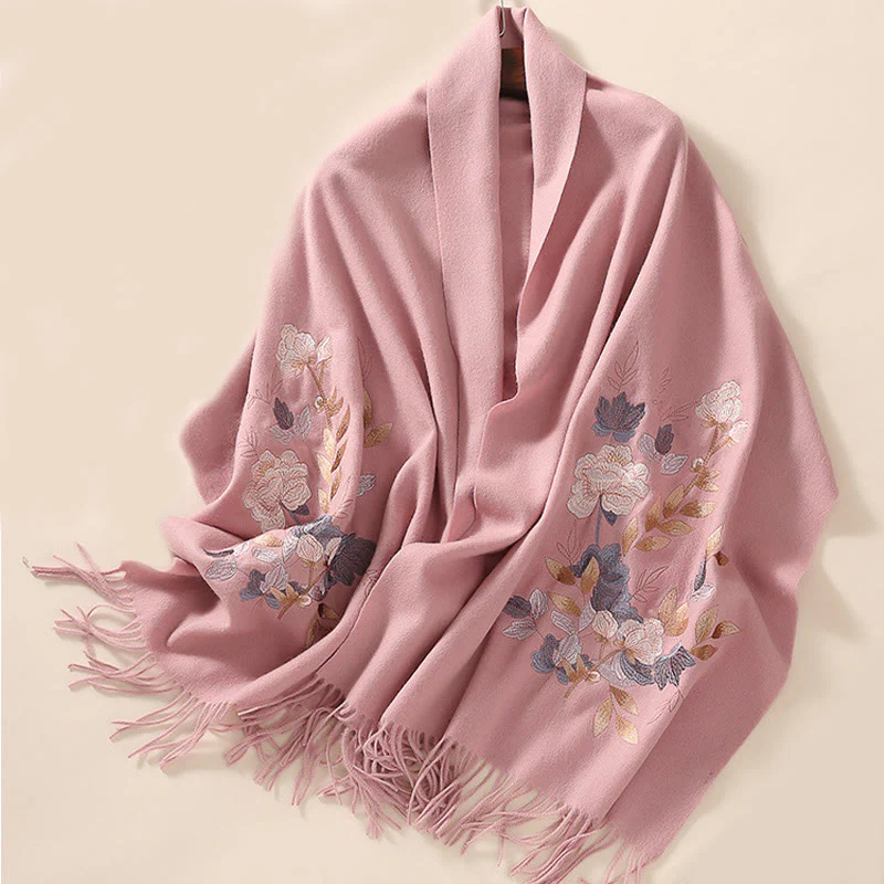 Scialle di lana con Buddha Stones, fiori bianchi e rosa, foglie dorate, ricamo con nappa, sciarpa da viaggio invernale e accogliente - Image 13