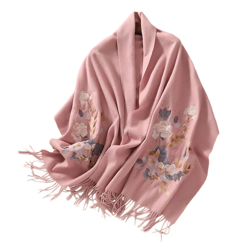 Scialle di lana con Buddha Stones, fiori bianchi e rosa, foglie dorate, ricamo con nappa, sciarpa da viaggio invernale e accogliente - Image 14