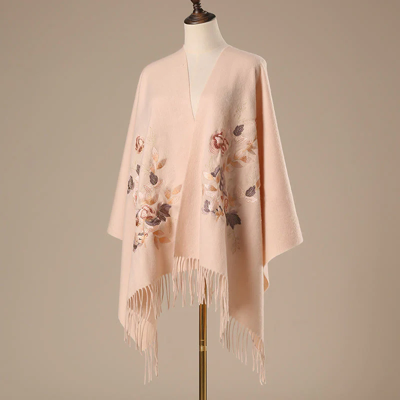 Scialle di lana con Buddha Stones, fiori bianchi e rosa, foglie dorate, ricamo con nappa, sciarpa da viaggio invernale e accogliente - Image 2