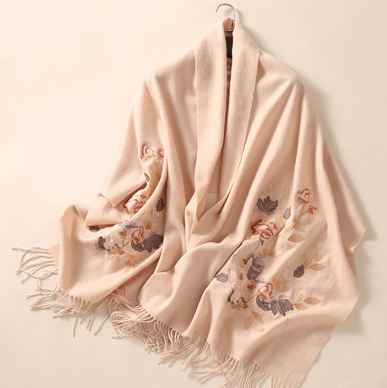 Scialle di lana con Buddha Stones, fiori bianchi e rosa, foglie dorate, ricamo con nappa, sciarpa da viaggio invernale e accogliente - Image 3